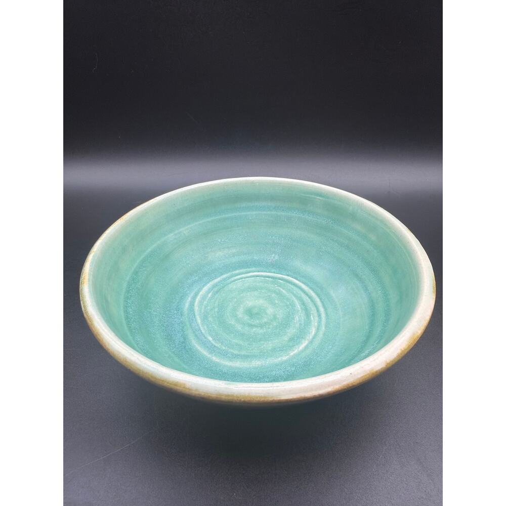Studio Pottery Bowl Signed Green Blue Glazed Hand Thrown Ceramic 6.25”